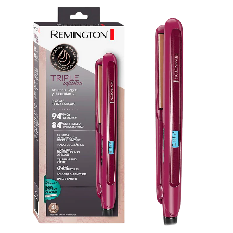 plancha remington triple infusion triple infusión: keratina, aceite de argan y macadamia. cabello brillante y sedoso protección contra la humedad plancha remington triple infusion triple infusión: keratina, aceite de argan y macadamia. cabello brillante y sedoso protección contra la humedad